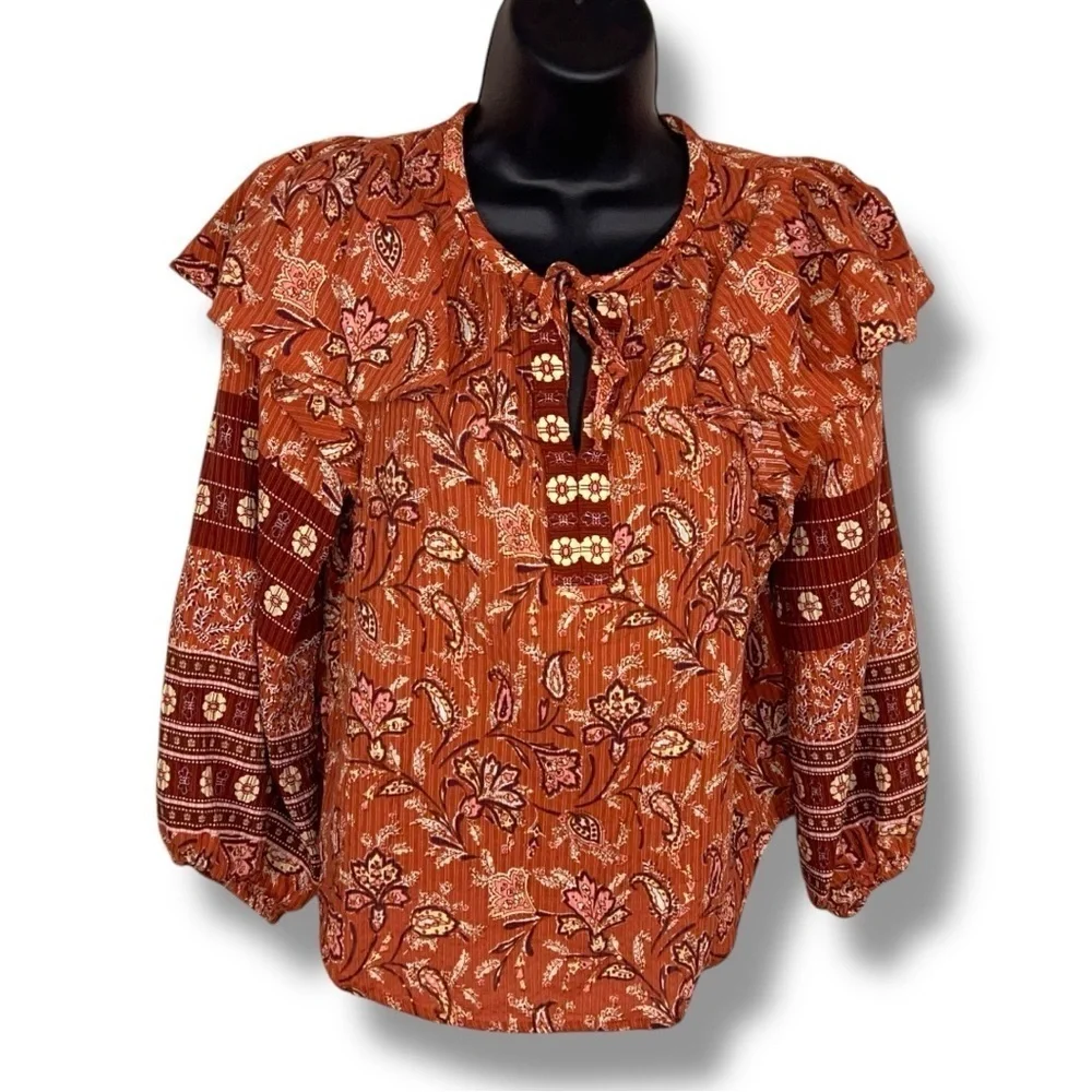 Petite XS Loft Ann Taylor Brick Orange Boho Peasant Top Puff Sleeve Bohemian